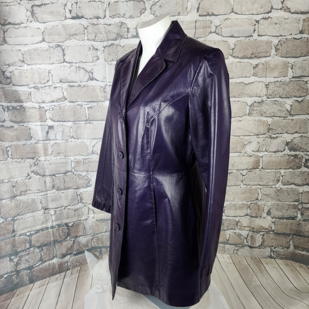 Vintage Danier Leather Button Front Trench Coat Dark Purple Size 6 Whimsigoth - Picture 10 of 16